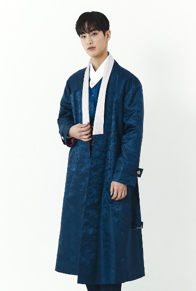 Coated Trench Coat Dark Blue/Purple - Hanbok Fabric
